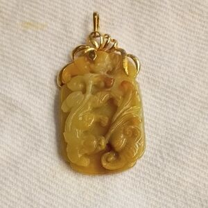 Large Hand Carved Beige, Brown Jade Pendant, Pearl Enhancer, With 14k Gold Trim